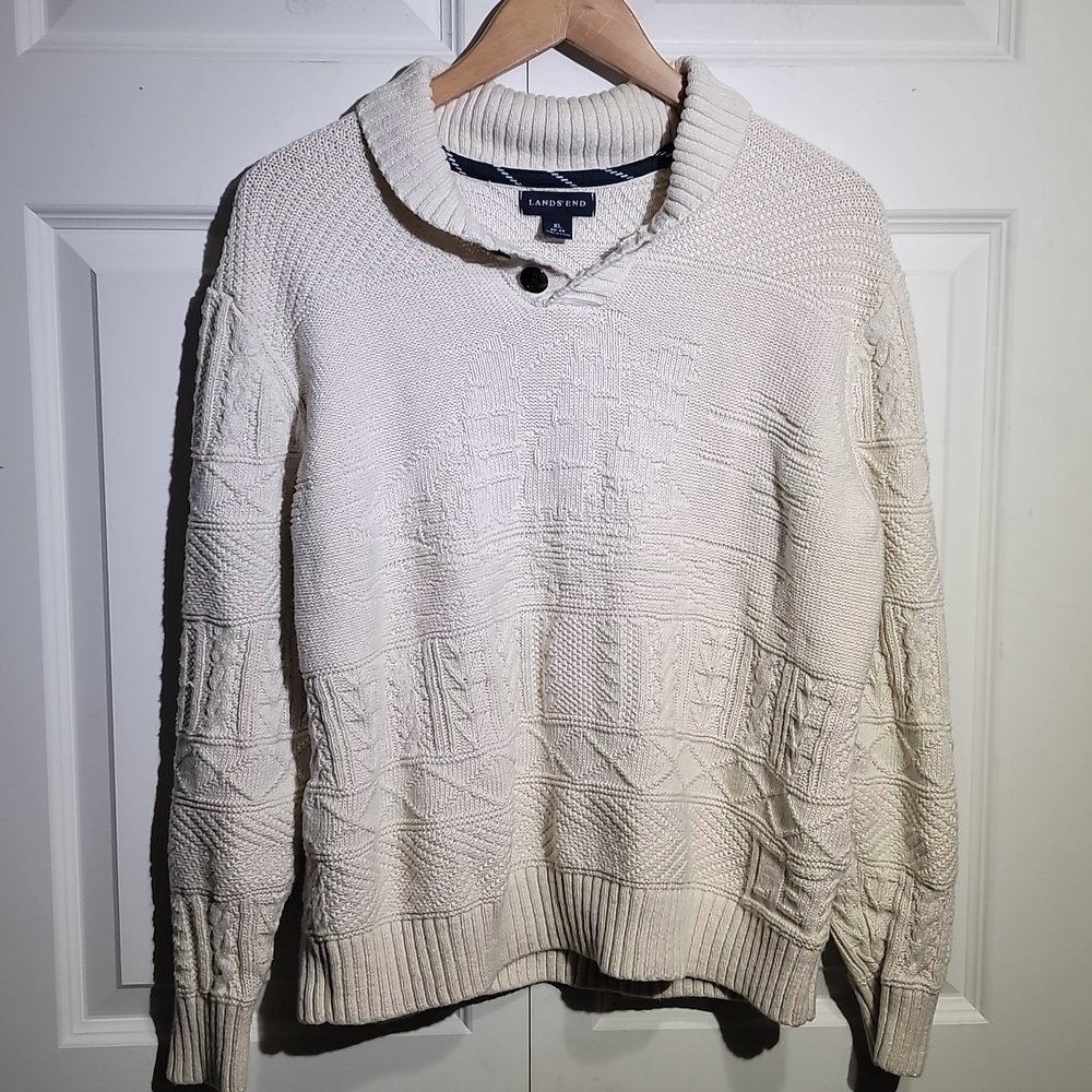 Lands' End Shawl Neck 2 Button Aran Men's Ivory Knit Sweater